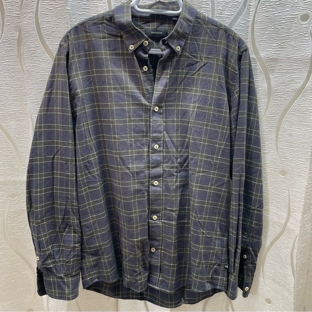 Matinique Plaid Button Down Mens Large Navy Green Excellent Brushed Cotton Shirt